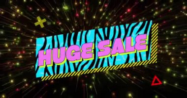 Renkli afişler, soyut şekiller ve renkli ışık yollarının üzerindeki devasa satış metinlerinin animasyonu. İndirim ve perakende iş konsepti