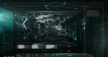 Dünya haritası ile arayüzün animasyonu ve kara arkaplan ile veri işleme. Bilgisayar arayüzü ve iş teknolojisi kavramı