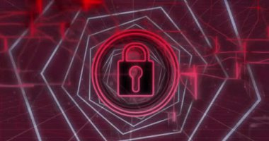 Güvenlik asma kilit ikonu ve altıgen şekillerin kusursuz desenleri ve kırmızı ışık yollarında animasyonu. Siber güvenlik ve iş teknolojisi kavramı