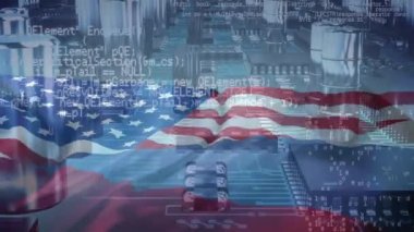Rusya bayrağı ve Amerika Birleşik Devletleri üzerinde veri işleme animasyonu. Küresel hesaplama, dijital arayüz ve veri işleme kavramı dijital olarak oluşturulmuş video.