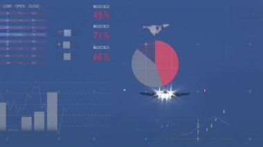 Gökyüzünde uçan uçağa karşı istatistiksel veri işleme animasyonu. İş verileri ve havacılık teknolojisi kavramı