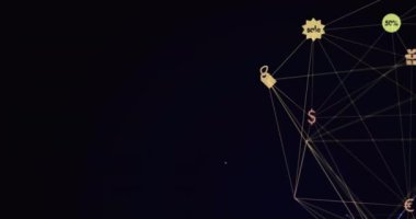 Siyah arkaplana karşı dönen dijital simgelerin ve bağlantı ağının animasyonu. Küresel ağ ve iş teknolojisi kavramı