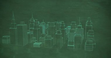 Modern binaların üç boyutlu modelini soyut arka planda döndürmenin animasyonu. Dijital olarak üretilmiş, hologram, illüstrasyon, üç boyutlu, çizim, gökdelenler ve mimari konsept.