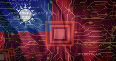 Tayvan bayrağı üzerinde veri işleme animasyonu. Küresel hesaplama, dijital arayüz ve veri işleme kavramı dijital olarak oluşturulmuş video.