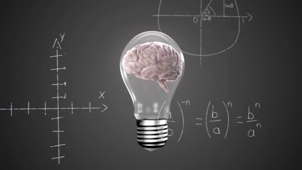 Animace Točícího Mozku Uvnitř Ikony Žárovky Matematických Rovnic Šedém Pozadí — Stock video