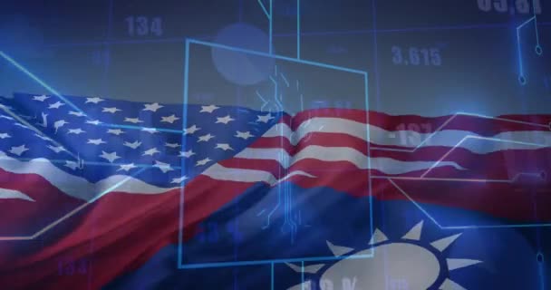 Animación Procesamiento Datos Sobre Bandera Taiwan Estados Unidos América Computación — Vídeos de Stock