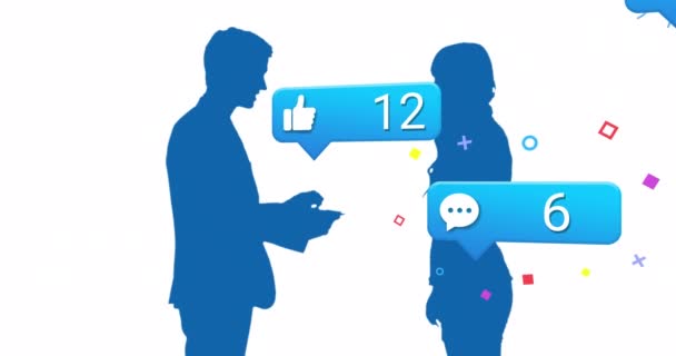 Composition Social Media Text Icons Man Woman Silhouette Shaking Hands — Stock Video
