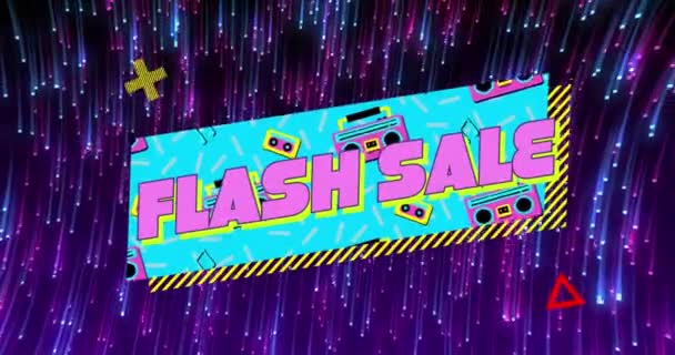 カラフルなバナー 抽象的な形状や回転紫色のライトトレイル上のフラッシュ販売テキストのアニメーション 販売割引と小売業のコンセプト — ストック動画