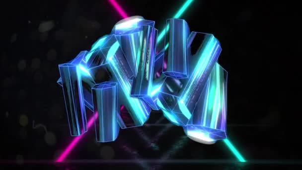 Animacja Niebieskich Krystalicznych Kształtów Neonowych Trójkątnych Kształtów Bezszwowym Wzorze Czarnym — Wideo stockowe