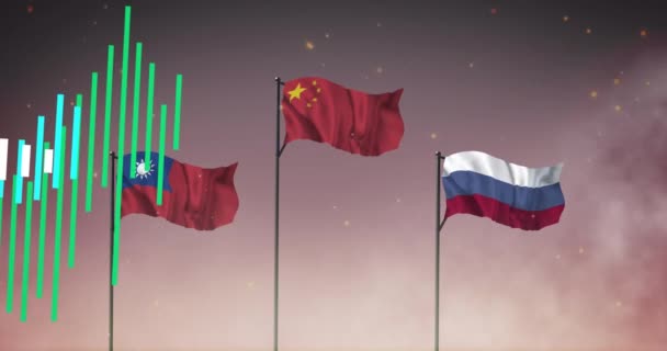 Animasi Pemrosesan Data Atas Bendera Russia China Dan Taiwan Komputasi — Stok Video