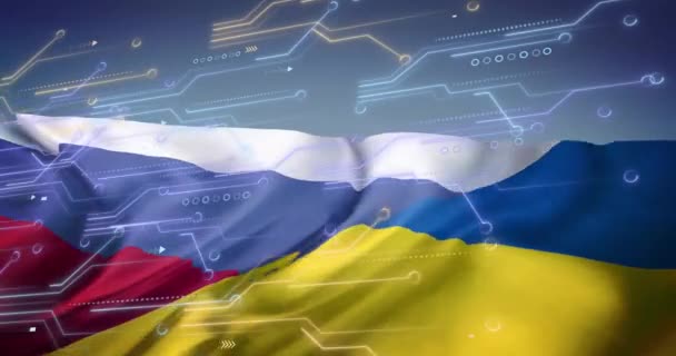 Анімація Друкованої Плати Обробка Даних Над Прапором Росії України Глобальні — стокове відео
