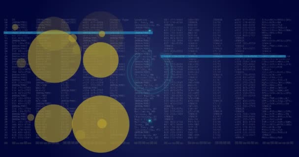青い背景でデータ処理に対する黄色の斑点とネオンパワーアイコンのアニメーション コンピュータ インターフェースとビジネス技術の概念 — ストック動画
