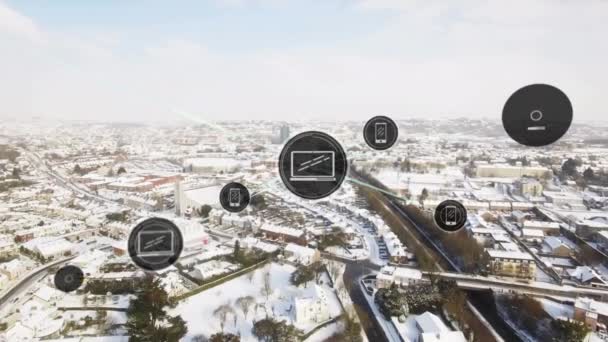 Animação Rede Ícones Digitais Contra Vista Aérea Paisagem Inverno Conceito — Vídeo de Stock
