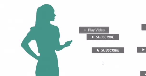Composition Social Media Text Icons Data Woman Silhouette Using Smartphone — Stock Video
