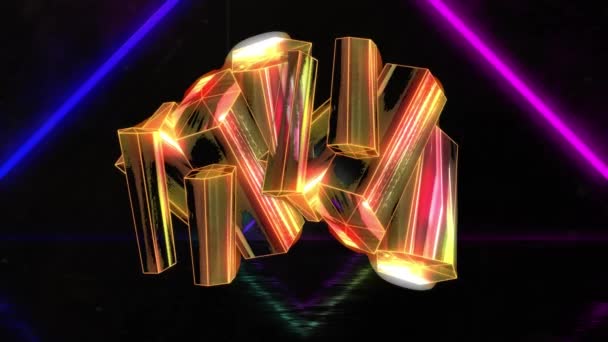 Animtion Glowing Golden Crystal Shapes Neon Triangular Shapes Black Background — Stock Video