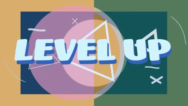 在双音背景下 在彩色抽象形状上绘制水平文字横幅的动画 电子游戏接口技术概念 — 图库视频影像