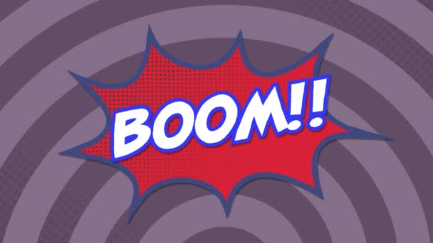 Animace Textu Boom Přes Hlasovou Bublinu Proti Paprskům Bezproblémovém Vzoru — Stock video