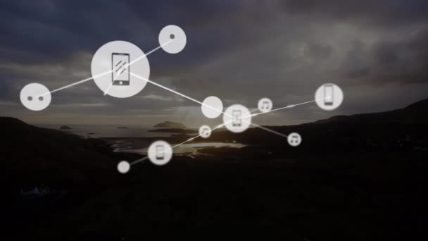 Анимация Сети Цифровых Икон Против Воздушного Вида Ландшафт Горами Морем — стоковое видео