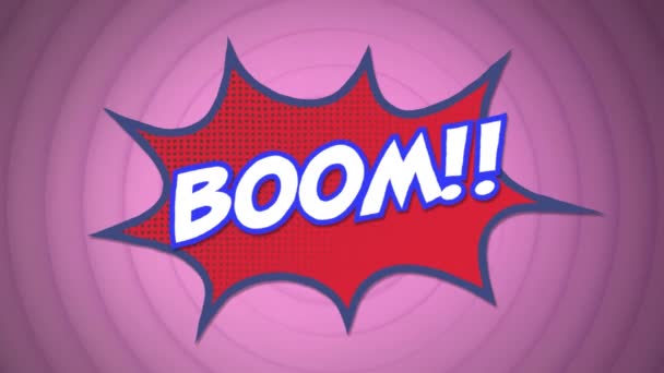 Animación Texto Boom Sobre Una Burbuja Habla Contra Círculos Concéntricos — Vídeo de stock
