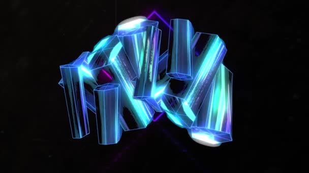 蓝色水晶形状和霓虹灯的动画在黑色背景上呈无缝图案 技术概念 — 图库视频影像
