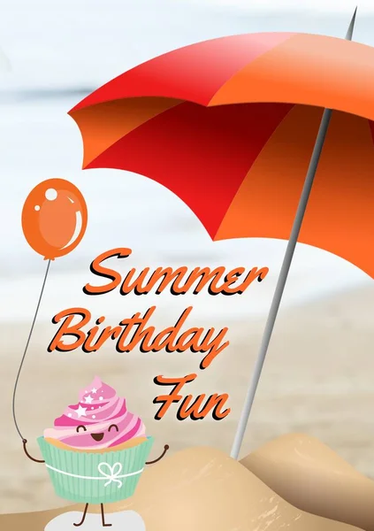 Samenstelling Van Zomer Verjaardag Leuke Tekst Met Cupcake Ballon Paraplu — Stockfoto