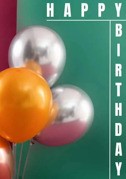 Composto Texto Aniversário Feliz Com Balões Coloridos Fundo Azul Espaço — Fotografia de Stock