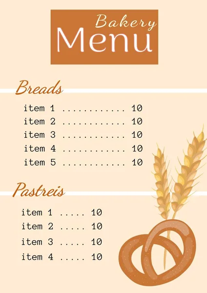 Иллюстрация Меню Булочной Хлебом Кондитерскими Изделиями Ценами Крендельками Рисованием Пшеницы — стоковое фото