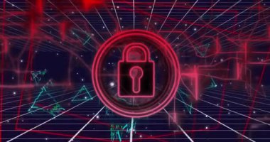 Güvenlik asma kilit simgesi, üçgen şekiller ve ağ üzerindeki beyaz noktaların animasyonu. Siber güvenlik ve iş teknolojisi kavramı