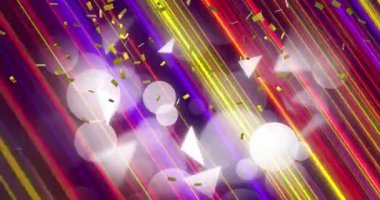 Işık ve renkli ışık yollarının üzerine düşen altın konfetilerin animasyonu. Teknoloji arka plan kavramı