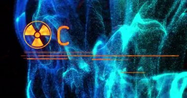 Siyah zemin üzerindeki dijital dalgalar üzerinden radyoaktif sembolün ve uyarı metni afişinin animasyonu. Küresel acil durum ve farkındalık kavramı