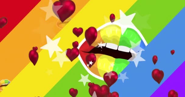 在五彩斑斓的背景下 星星和心形气球在张开的嘴上的动画 数码生成 全息图 Lgbtqia文化 彩虹旗和同性恋骄傲符号概念 — 图库视频影像