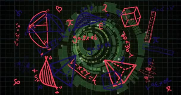 黒の背景に数学方程式と緑の丸スキャナのアニメーション コンピュータ インターフェースとビジネス技術の概念 — ストック動画