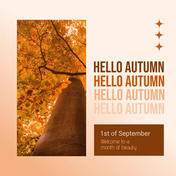 Ahoj Podzimní Text Opakovaný Hnědé Podzimní Strom Pomerančovými Listy Béžové — Stock fotografie
