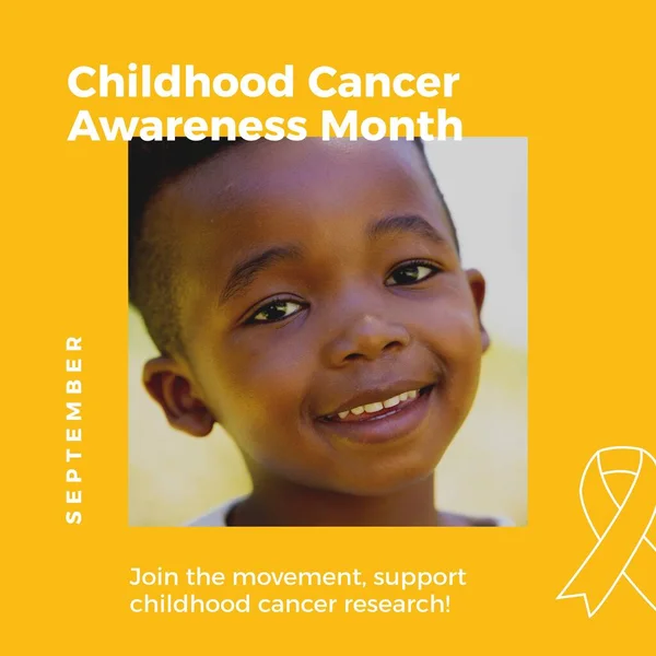 Childhood cancer awareness month text and ribbon, with smiling african american boy on yellow. Medical awareness campaign in support of child cancer sufferers.