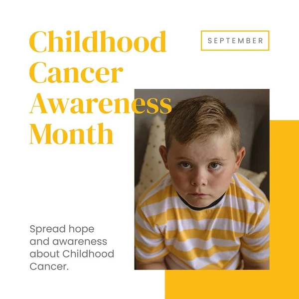 Childhood cancer awareness month text in yellow and caucasian boy in yellow striped t shirt. Medical awareness campaign in support of child cancer sufferers.