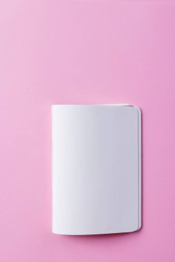 Pembe arka planda fotokopi alanı olan açık bir kitabı kapat. Edebiyat, okuma, yazma, boş zaman ve kitaplar..