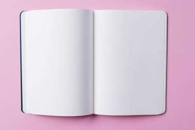 Pembe arka planda fotokopi alanı olan açık bir kitabı kapat. Edebiyat, okuma, yazma, boş zaman ve kitaplar..