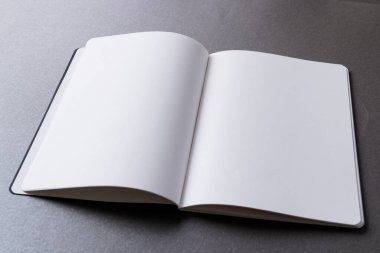 Gri arkaplanda kopya alanı olan açık kitabı kapat. Edebiyat, okuma, yazma, boş zaman ve kitaplar..