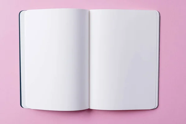 Närbild Öppen Bok Med Kopieringsutrymme Rosa Bakgrund Litteratur Läsning Skrivning — Stockfoto