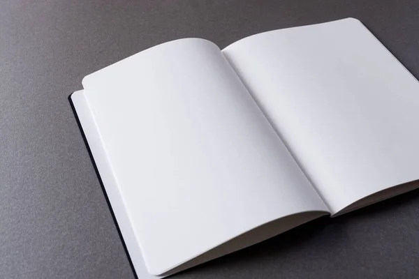Närbild Öppen Bok Med Kopieringsutrymme Grå Bakgrund Litteratur Läsning Skrivning — Stockfoto