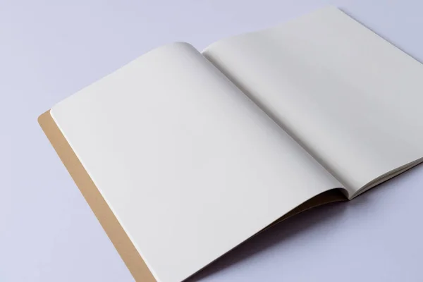 Närbild Öppen Bok Med Kopieringsutrymme Vit Bakgrund Litteratur Läsning Skrivning — Stockfoto