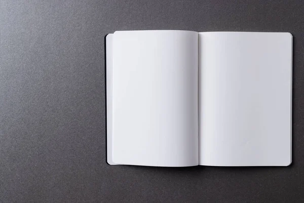 Närbild Öppen Bok Med Kopieringsutrymme Grå Bakgrund Litteratur Läsning Skrivning — Stockfoto