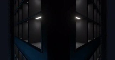 Sunucu odasındaki sunucularda yanıp sönen ışıkların animasyonu. Dijital olarak oluşturulmuş küresel veri transferi, hesaplama ve veri işleme kavramı.