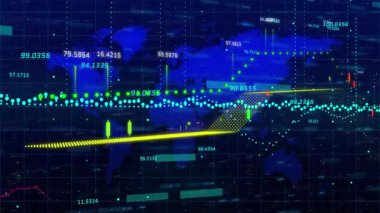 Finansal veri işlemenin animasyonu ve dünya haritası, mavi arkaplan üzerinde ızgara ağı. Küresel finans ve iş teknolojisi kavramı