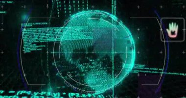 Bilgisayar dili ve bilgisayar simgelerinin siyah arkaplanda daireler çizerek canlandırılması. Dijital olarak üretilmiş, hologram, illüstrasyon, küreselleşme, kodlama ve teknoloji kavramı.
