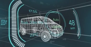 Sayılı hız göstergesi animasyonu, siyah arkaplana karşı kamyonetin 3D modelinin üzerindeki metinler. Dijital olarak üretilmiş, hologram, illüstrasyon, ölçüm, ulaşım ve teknoloji kavramı.