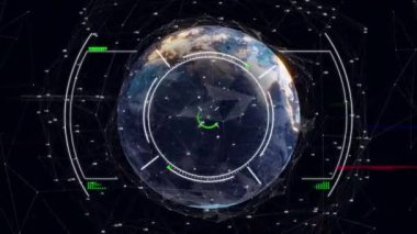 Arıza tekniğinin animasyonu ve dünyanın dört bir yanındaki sayılarla bağlantılı noktaların üzerinde daireler çizmek. Dijital olarak üretilen hologram, illüstrasyon, iletişim, şekil, rakamlar ve küreselleşme kavramı.