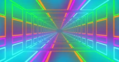 Mavi arkaplanda ilerleyen neon tünelin animasyonu. Dijital olarak oluşturulmuş soyut, şekil, hareket ve renk konsepti.