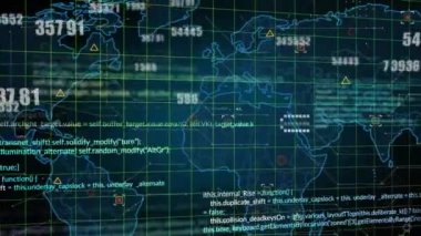 Siyah arkaplana karşı dünya haritasında numaraların ve veri işlemenin animasyonu. Küresel ağ ve iş teknolojisi kavramı