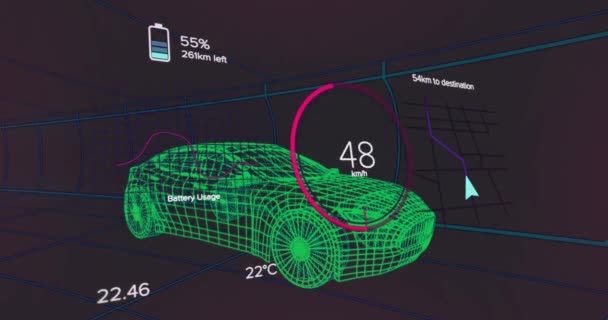 円の中で数字を変更するアニメーション 黒の背景に車の3Dモデル上のバッテリーアイコン デジタル生成 ホログラム イラスト 進捗状況 輸送と技術の概念 — ストック動画